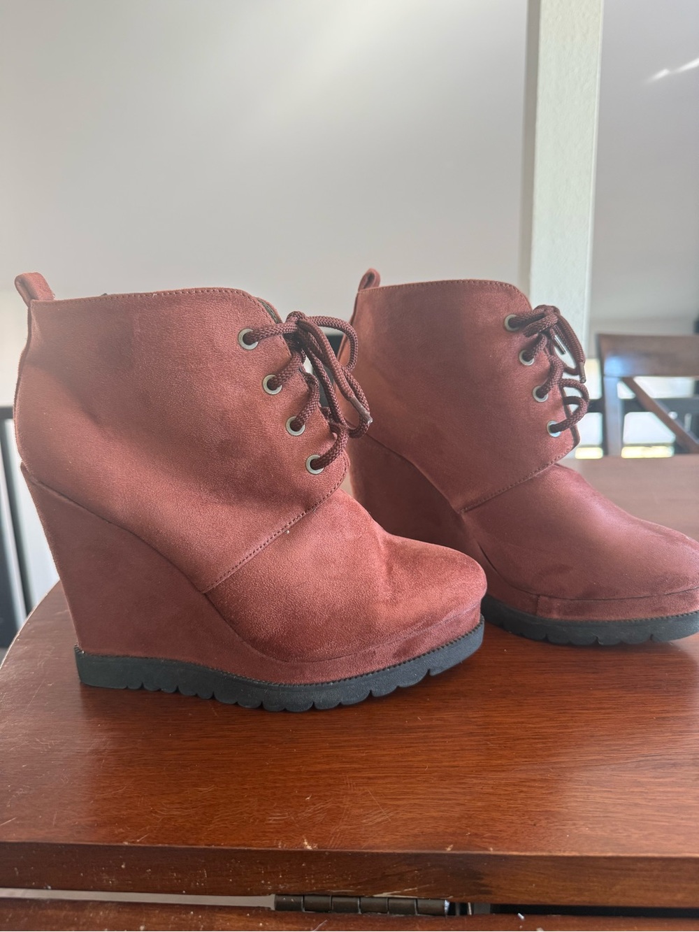 Michael Antiono Rust Suede Wedge Ankle Boots - Lace-Up